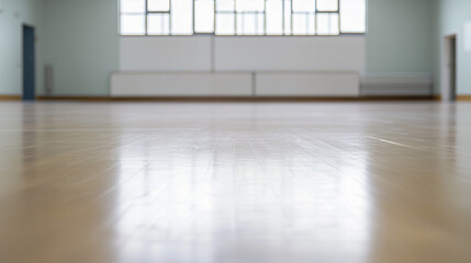 Fototapeta premium Empty Hallway: A wide-angle shot of a spacious and airy hallway with a wooden floor, large windows, and a bright white wall. This image evokes a sense of openness and tranquility.
