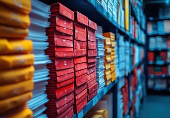 Obraz premium Organized Classroom with Colorful Notebooks and Files on Shelves in a Bright Study Space for Educational and Office Use