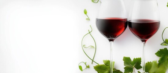 two wine glasses and vine on white background with copy space