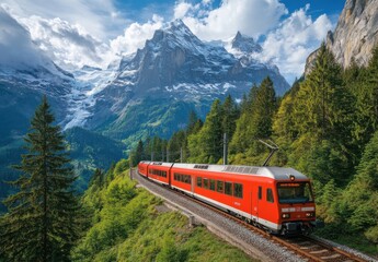 Scenic railway journey through alpine landscape featuring a vibrant red train, majestic mountains, and lush greenery under a partly cloudy sky in Switzerland.