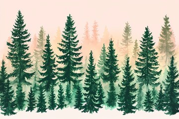 Obraz premium Serene Watercolor Forest Landscape with Evergreen Trees and Mist