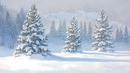 Snowy Winter Landscape with Evergreen Trees in Serene Atmosphere