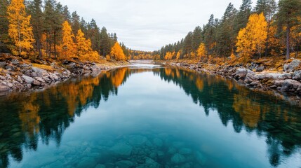 Fototapeta premium Serene Autumn Landscape with Reflection in Calm Water and Trees