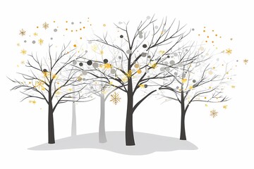 Winter Scene with Snowflakes and Decorative Trees in Minimalist Style