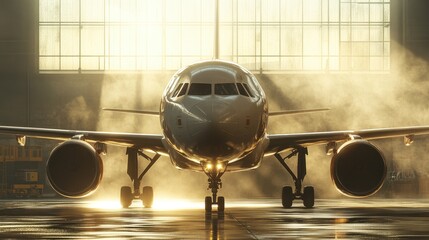 Fototapeta premium Airplane in hangar, sunlit and misty. Perfect for travel, aviation, and industry themes.