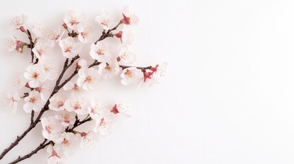 A delicate branch of pink cherry blossoms against a minimalist white background, showcasing nature's beauty and springtime elegance.