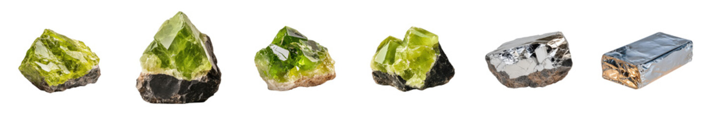 Vibrant Green Peridot Crystals Displaying Unique Shapes and Textures on Isolated Background