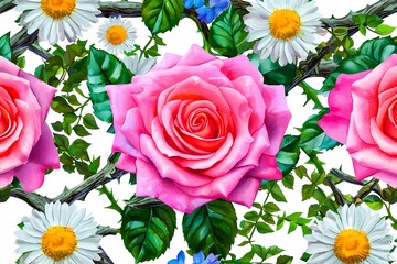 Fototapeta premium Colorful Floral Pattern with Pink Roses and White Daisies