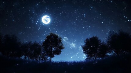 Enchanted Forest Night: 3D Render of a Starlit Moonlit Scene. AI Generated