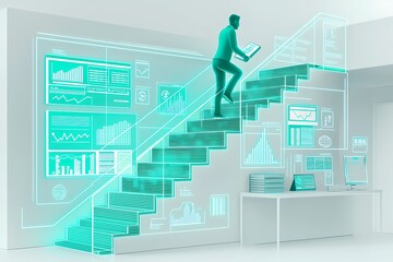 Man Climbing Transparent Stairs with Digital Graphs and Data Display