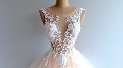 A stunning floral lace dress with a sheer bodice and tulle skirt, perfect for special occasions.