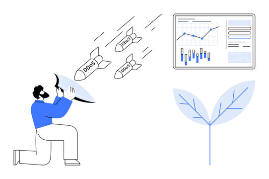 Person using megaphone to alert about incoming DDoS attacks, data analytics dashboard displaying metrics, and a growing plant symbol. Ideal for cybersecurity, data analysis, technology, threat