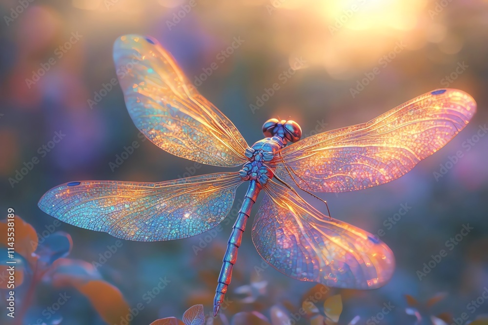 Poster a colorful dragonfly with iridescent wings glimmers in a softly lit natural setting.