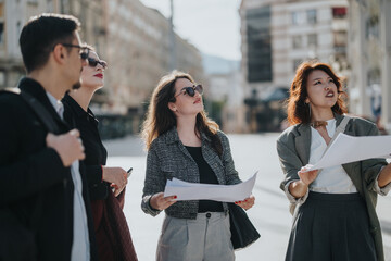 A group of business people engage in an outdoor meeting. They are holding documents and seem focused, discussing plans within an urban environment, reflecting teamwork and collaboration.