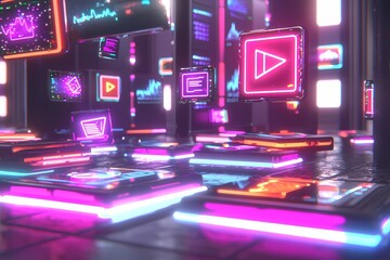 Colorful Neon Digital Screens in Abstract Futuristic Environment