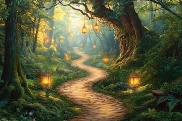 Obraz premium Enchanted Forest Pathway with Lanterns and Sunlight Filtering Through