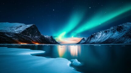 Fototapeta premium A breathtaking night scene featuring the Northern Lights dancing over a serene frozen landscape with mountains and reflections on the water.