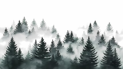 Misty Forest Landscape with Evergreen Trees and Foggy Background