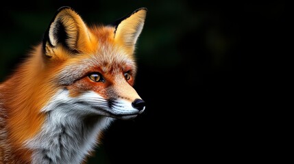 Fototapeta premium A close-up of a majestic fox, showcasing its vibrant orange fur, sharp features, and keen gaze against a dark background.