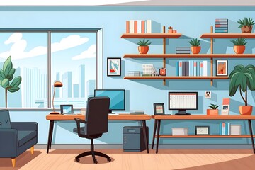 Fototapeta premium interior of a room silhouette vector art illustration open and lighting white modern office panoramic vision. front view. flat vector art illustration