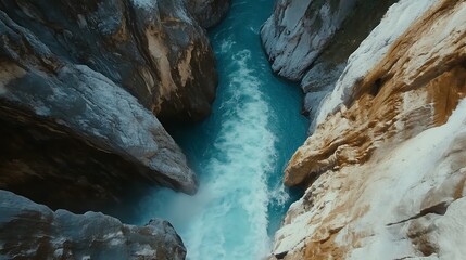 Naklejka premium Aerial View of Turquoise River Carving Through a Mountain Gorge. AI Generated