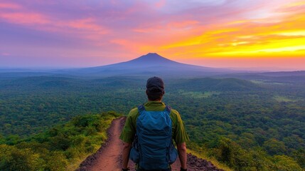 Fototapeta premium Hiker Stands on Ridge Overlooking Lush Green Landscape at Sunset