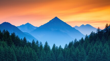 Naklejka premium Majestic Mountains at Sunset with Misty Forest Landscape Views