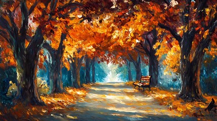 Fototapeta premium Autumnal Park Path: Impressionistic Oil Painting of a Golden Fall Day. AI Generated