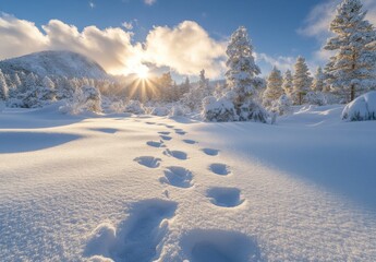 Serene Winter Landscape with Footprints in Fresh Snow Under a Beautiful Sunlit Sky Amidst Pine Trees and Majestic Mountains