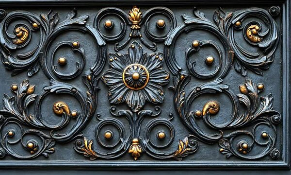 Ornate decorative panel featuring floral and scroll motifs.