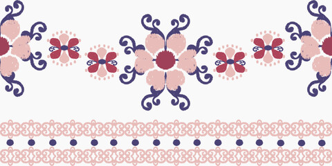 Fototapeta premium Red, blue, and white ikat tribal-style fabric pattern. Ethnic Ikat vector illustration seamless pattern. Ikat edge decoration for carpet, clothing, batik, saree, sarong, and motif.