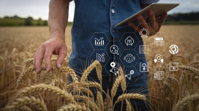 Farmer Using Technology in Wheat Field for Modern Agriculture