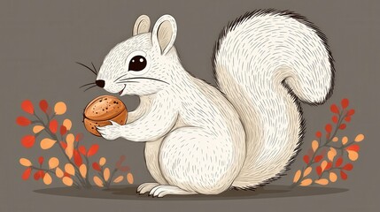 A cute, cartoon-style illustration of a squirrel holding an acorn, surrounded by colorful autumn leaves. The image conveys a playful and whimsical nature theme.