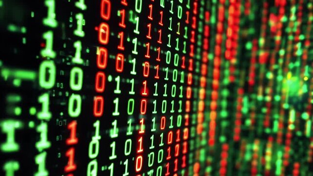 Flowing green and red binary code digits on a dark screen create an impressive big data stream in cyberspace, enhanced by a captivating bokeh effect that adds depth and intrigue