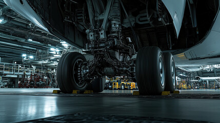 Fototapeta premium Airplane wheel compartment with mechanical components and hydraulic systems, essential for safe landing and takeoff. Precision engineering and aviation safety concepts.