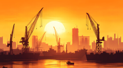 Fototapeta premium Silhouette of cranes and ships at industrial harbor during sunset, with glowing orange sky and city skyline. Harbor. Illustration