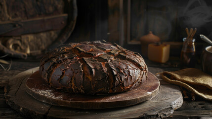 Artisan bread with a burnt crust, deep cracks and rustic look, warm bakery lighting, inviting and earthy tones