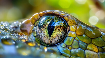 Fototapeta premium Close-up of a snake's eye, showcasing intricate scales and vibrant colors.