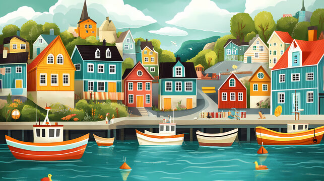 The seaside village with colorful houses and boats docked at the harbor evokes the charm of travel destinations and a sense of adventure. Harbor. Illustration