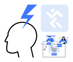 Human head with lightning bolt, person running upward in background, shopping cart with BUY button, cashback offer. Ideal for e-commerce, online shopping, digital marketing, consumer behavior