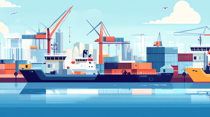 Obraz premium View of a harbor with multiple vessels moored at docks, cranes, and storage areas visible, flat illustration. Harbor. Illustration
