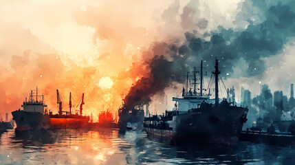 Watercolor painting depicting cargo ships in a busy harbor with a dramatic sky, capturing the essence of maritime trade and industry. Harbor. Illustration