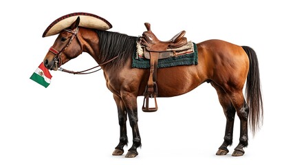 Obraz premium Majestic Horse Displaying Traditional Mexican Charro Attire with a Flag, Perfect Representation of Cultural Heritage and Equestrian Elegance