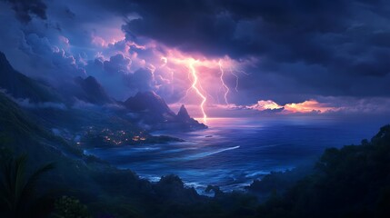 Nightfall Storm Over Tropical Peaks: Digital Painting of a Dramatic Lightning Strike. AI Generated