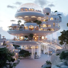 Modern Futuristic Architecture with Floating Platforms and Gardens