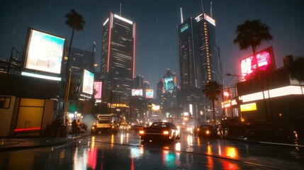 Fototapeta premium A vibrant cityscape at night, illuminated by neon lights and rain, showcasing bustling streets and towering skyscrapers.