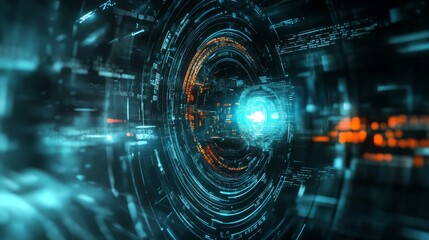 Abstract futuristic eye with digital screen and data, blue hologram virtual reality interface background.