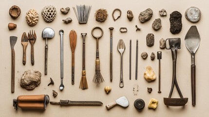 Garden tools on a beige background, top view.