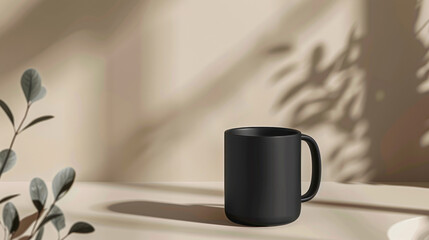 Black matte mug on a neutral backdrop, soft lighting adding sophistication, perfect for luxury branding