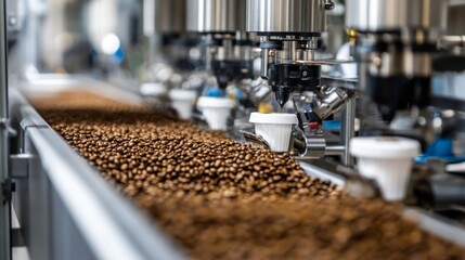 Coffee beans moving on a production line, filling containers.